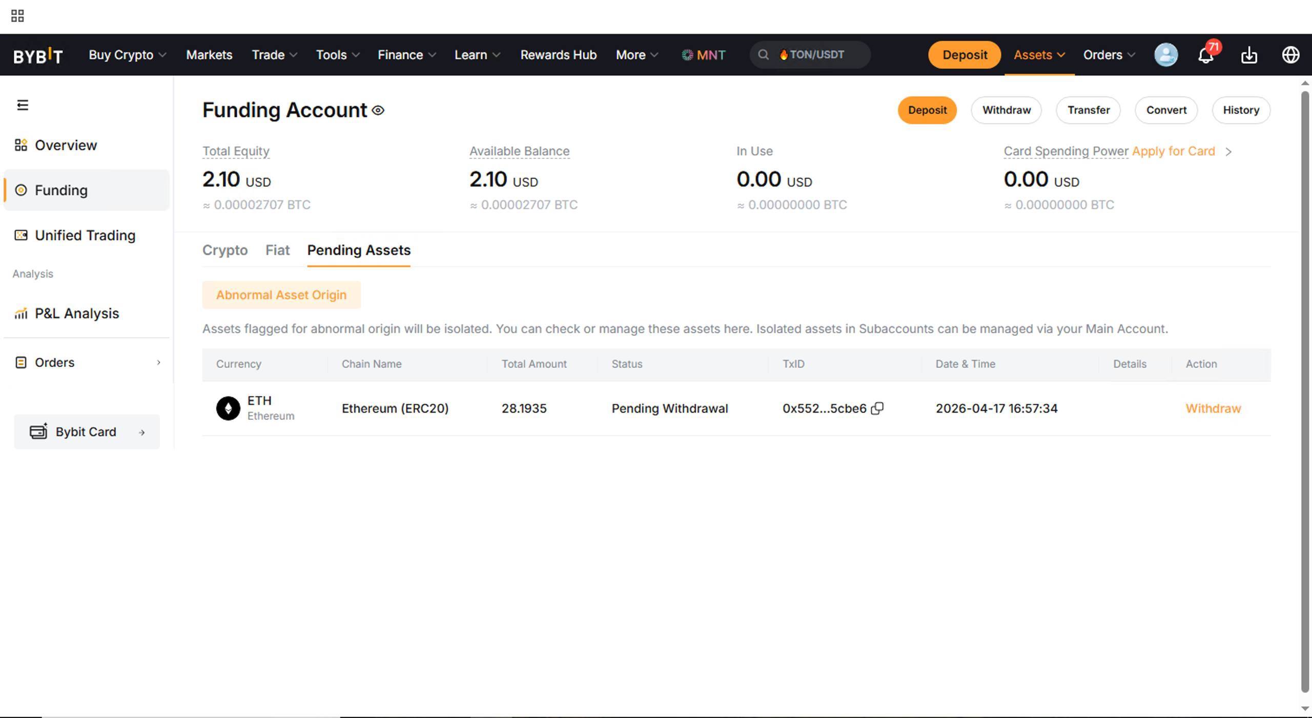 Bybit dashboard: Pending Assets tab with isolated ETH
