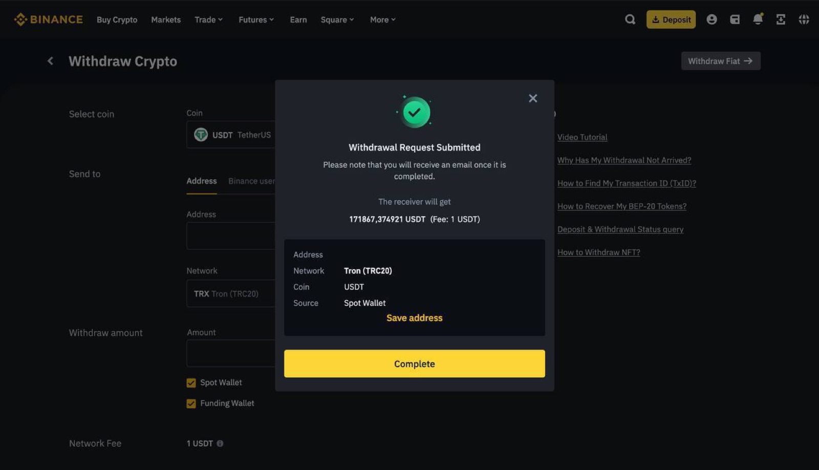 Binance dashboard: confirmed withdrawal of 171 867 USDT after access was restored